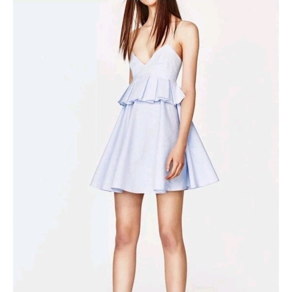 Zara Trafaluc Peplum Dress Pinstriped Layered Short Mini Lt Blue Fit‎ Flare Sz M
